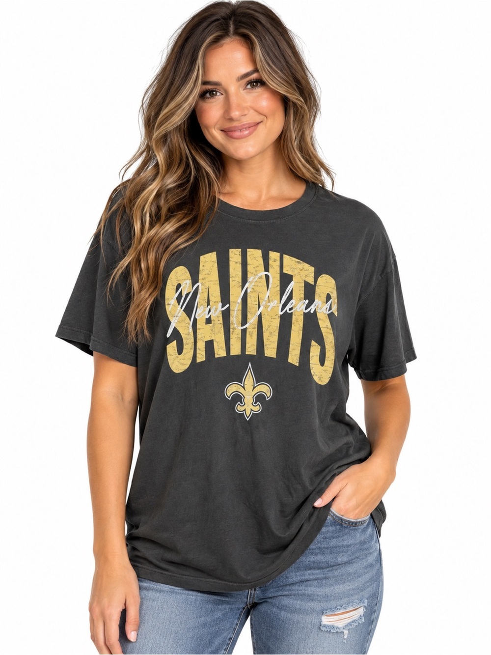 47 Brand Women’s Black New Orleans Saints Crew Neck Graphic T-Shirt Size Large